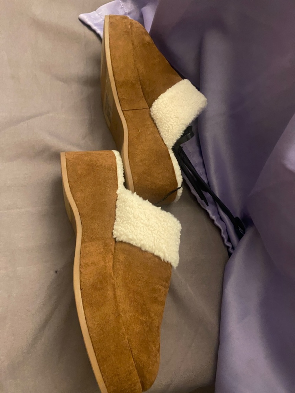 Time and Tru Chestnut Suede Slip-On Mules with Cream Shearling - Picture 3 of 4
